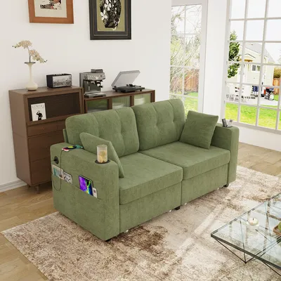 Produktbild von STILVORA Zweisitzer Sofa mit zwei Stauraumschubladen und USB-Ladeanschlüssen, Wohnzimmersofa mit Getränkehaltern und Seitentaschen, Sofa mit versteckten Staufächern