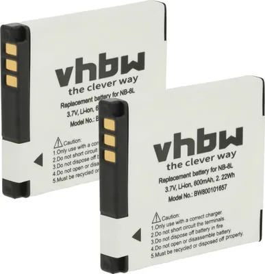 Produktbild von vhbw 2x Akku kompatibel mit Canon PowerShot A3200 IS, A3100 IS, A3150 IS, A3300 IS, A3000 IS, A3350 IS, A2200 Kamera (600 mAh, 3,6 V, Li-Ion)
