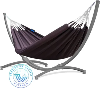 Produktbild von Potenza Outdoor Hängematte mit Verzinkter Gestell für 2 Personen I 100% Baumwolle Medelin Doppelhängematte 220x140, 160kg I Grau Hängemattengestell 220kg, wetterfest