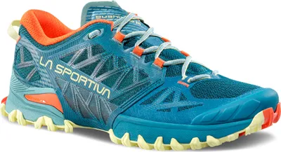 La Sportiva Bushido III Woman Trailrunning-Schuh in Türkis und Orange; Low Cut Design; für Damen.