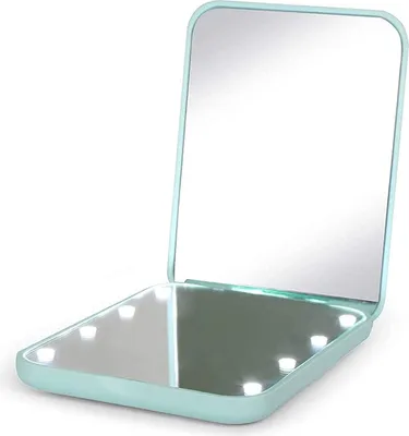 A teal colored compact mirror with LED lights is shown open against a white background.
