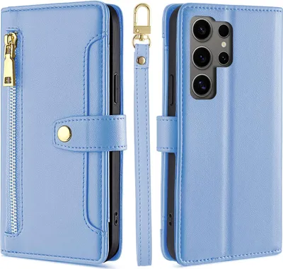 Produktbild von Handykette Samsung Hülle mit Band Handyhülle Kartenfächer Kunstleder Umhängetasche Galaxy S24 Ultra Hellblau
