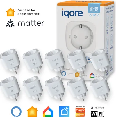Produktbild von iqore - 10x Intelligente WLAN Steckdose für Apple Homekit / Matter mit Strommessung, Sprachsteuerung, Timer, SmartLife App, Smart Plug, Alexa & Google