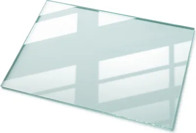 A rectangular glass tabletop is shown on a white background, with reflections of window panes visible on its surface.