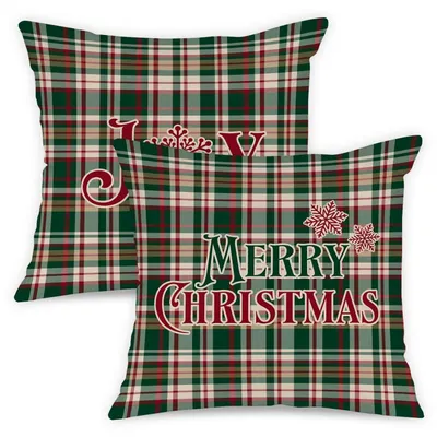 Immagine prodotto di Copricuscini natalizi, 2 pezzi, a quadri, verdi, 50x50 cm, in peluche, cuscini decorativi, stile rustico, inverno