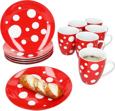 Image de Pula rouge 12 pièces Set de petit-déjeuner Porcelaine Assiettes à pois Tasses
