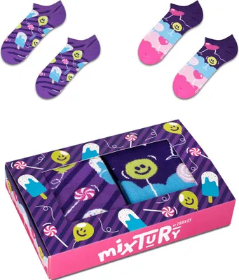Produktbild von Set mit zwei Paar kurzen Socken für Damen 36-40, bunte und lustige Süßigkeitensocken