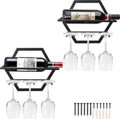 Produktbild von Unyqoos® Wand-Weinregal aus Metall – Wandhalter für 2 Flaschen & 3 Gläser, 2er-Set, hängendes Weinglas- und Flaschenregal für Küche, Bar, Wohnzimmer