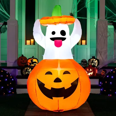 Obrázok produktu pre Nafukovateľný Halloweenový duch v podobe tekvice – vonkajšia dekorácia na Halloween (výška 1,5 m)