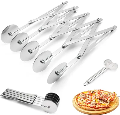 Produktbild von Verstellbarer Edelstahl-Pizzaroller mit Mehrfachrädern, ideal zum Schneiden von Teig, Pizza und Ölgebäck, praktisches Küchen- und Backwerkzeug.