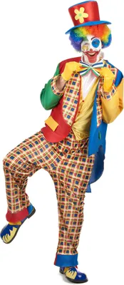 A clown in a colorful costume posing against a white background.