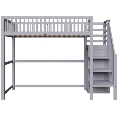 Produktbild von Flieks Etagenbett 90x200cm mit Treppe und Kleiderschrank, Hochbett Jugendbett mit Lattenrost, Kinderbett mit Rausfallschutz, Einzelbett Holzbett, Grau