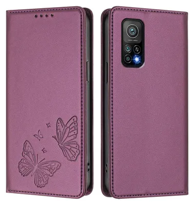 Produktbild von Lederhülle für Xiaomi Mi 10T / Mi 10T Pro, Schmetterling Prägung Leder Brieftasche Schutzhülle mit Ständer Lila