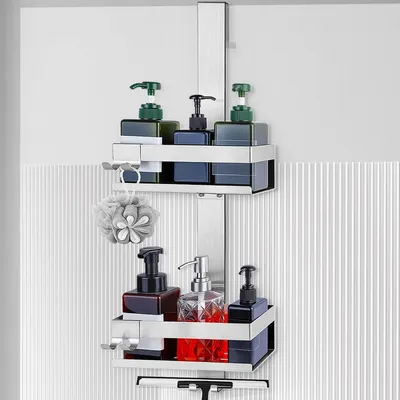 Image de Étagère de douche à suspendre, en acier inoxydable argenté, avec 2 paniers, dimensions : 23 x 65 x 10 cm