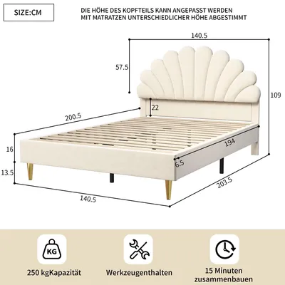 Productafbeelding van Kinderbed - Gestoffeerd bed - 140 x 200 cm - Fluweelbekleding - Bloemenprint hoofdeinde - Lattenbodem - Beige