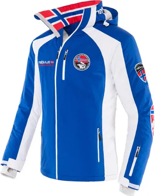 A blue and white ski jacket with Norwegian flag accents on the collar and sleeve.