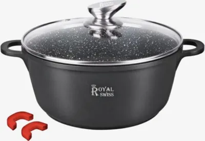 A black pot with a speckled pattern and a glass lid is shown against a white background. Two red accessories are placed in the bottom left corner.
