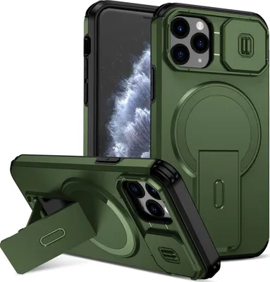 Obrázek produktu pro Magnetické pouzdro pro iPhone 11 Pro, dvouvrstvé odolné pouzdro s posuvnou ochranou fotoaparátu a nastavitelným stojánkem Zelená