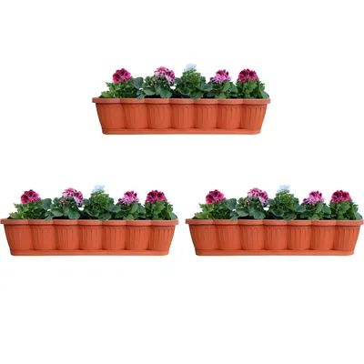 Image de set de 3 bacs à fleurs de 80cm Bac à plantes de balcon Terracotta au design ondulé, y compris soucoupes d'arrosage assorties