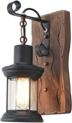 Image de Applique murale industrielle - Guirlandes lumineuses rustiques - Bois et métal - Idéale pour le salon, le couloir, les hôtels, les bars, les vérandas - Décoration
