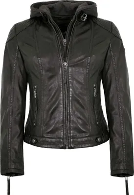 Produktbild von Mauritius- Damen Lederjacke Kapuze Lammnappa schwarz Natur gegerbt