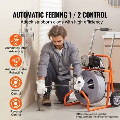 Immagine prodotto di Tubo di aspirazione elettrico con alimentazione automatica del cavo e 23 metri di cavo in acciaio per la pulizia delle fognature