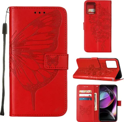 Produktbild von Lederhülle für Motorola Moto G (2023) Schmetterling Prägung Flip Ledertasche Kartenfächer Handyhülle mit Ständer Rot