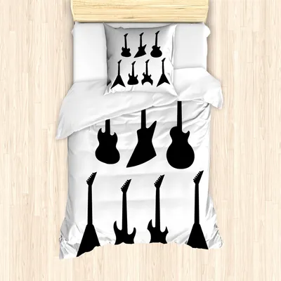 Produktbild von ABAKUHAUS Rockmusik Mantele, Gitarren-Silhouetten, Milbensicher Allergiker geeignet mit Kissenbezügen, 135 cm x 200 cm - 80 x 80 cm, Schwarz-Weiss