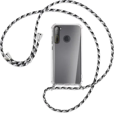 Produktbild von Handykette Backcover-Schutzhülle mit Band (Metall silberfarben) für HTC Desire 20 Pro - schwarz/grau/weiß