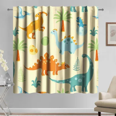 Productafbeelding van Kindergordijnen - Raambekleding - Slaapkamer Decoratie - Verduisterend en Geluidsisolerend - 107 x 160 cm - Gele Dieren