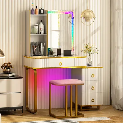 Produktbild von COSTWAY Schminktisch mit LED-Beleuchtung, kabelloser Ladestation, USB-Anschluss & 4 Schubladen, Kosmetiktisch mit Hocker, Weiß