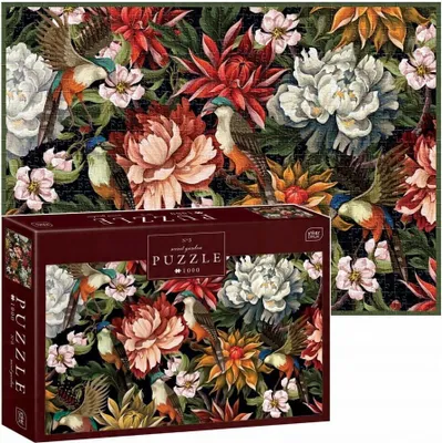 A puzzle box with a picture of a puzzle featuring birds and flowers.