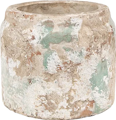 A close-up, studio shot of a distressed ceramic pot.