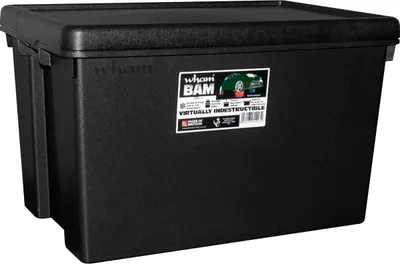 A black storage box with a lid, shown from a three-quarter angle.