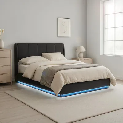 A bedroom scene with a bed as the main focus.