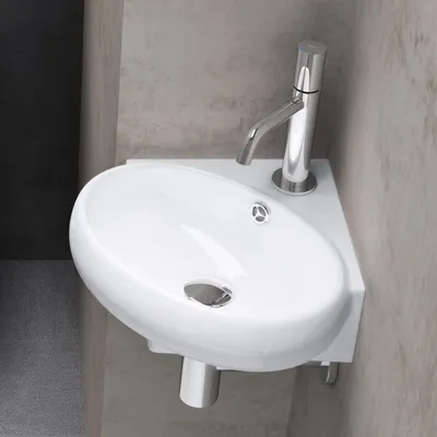 Produktbild von doporro Waschbecken  Gäste WC weiß Aufsatzwaschbecken Hängewaschbecken Eckwaschbecken aus Keramik 395x385x145mm Handwaschbecken Waschtisch Brüssel002