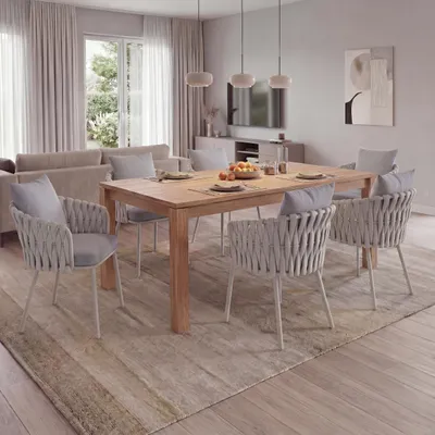 Produktbild von 6er-Set Aluminium-Esszimmerstuhl MCW-P89, Indoor Stuhl Armlehne, Stoff/Textil (180 g/m²) Seilgeflecht Rope  hellgrau