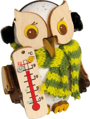 Produktbild von Drechslerei Kuhnert - Mini-Eulen aus Holz - Schneeeule mit Thermometer - ca. 7 cm groß - als Dekoration geeignet
