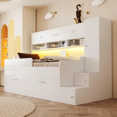 Produktbild von Holzbett Kinderbett 90 x 200 cm mit Stauraum, Ablagefächern, Kleiderschrank, Kletterleiter, LED, Sicherheitsgeländer, Weiß