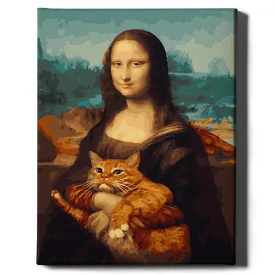 Zdjęcie produktu dla Oh Art! - Zestaw do malowania po numerach - 40x50cm, z drewnianą ramą i pędzlami "Mona Lisa i czerwony kot" DIY