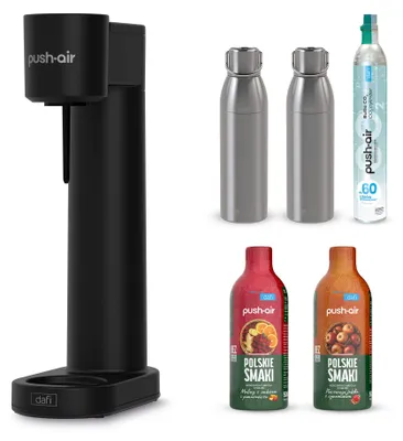 Zdjęcie produktu dla Dafi PUSHAIR Saturator Czarny + Nabój + 2x Stalowa Butelka + 2x syrop