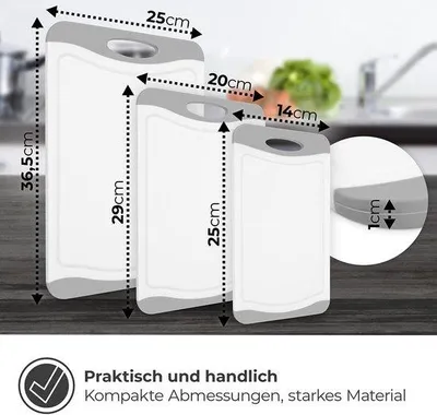 Produktbild von Kunststoff-Schneidebrett-Set, 3-teilig, BPA-frei, Anti-Rutsch, Grau/Weiß