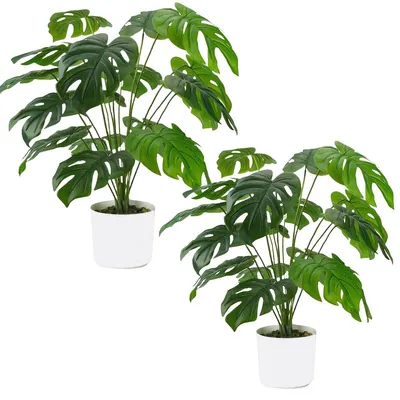 Image de 2 plantes artificielles Monstera en pot, palmiers tropicaux artificiels pour la maison, le salon, la chambre, le balcon, le bureau, la décoration de table (12 feuilles)