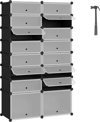 A modular shoe rack with transparent doors and a hammer next to it.