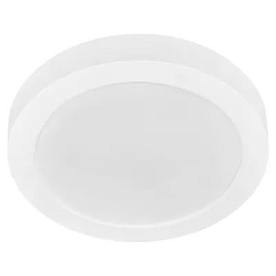 A white, circular LED ceiling light is shown against a white background.