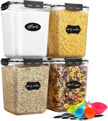Image de Lot de 4 boîtes de conservation pour aliments - Grands récipients de cuisine hermétiques de 5,3 litres - Plastique sans BPA - Distributeurs de farine et de céréales - Avec couvercles et étiquettes