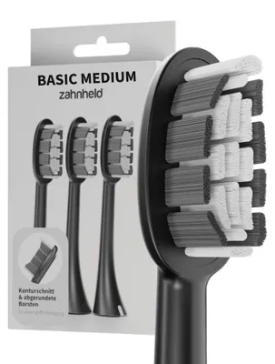 Produktbild von Zahnheld Bürstenkopf Ersatzbürsten Basic Medium - ideal für Gero Schallzahnbürste, 3 Stück, Schwarz, mittelharte Wechselköpfe, Schallzahnbürstenkopf