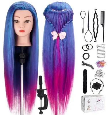 Immagine prodotto di Testa da parrucchiere, 100% capelli sintetici, altezza 66 cm, con morsetto da tavolo
