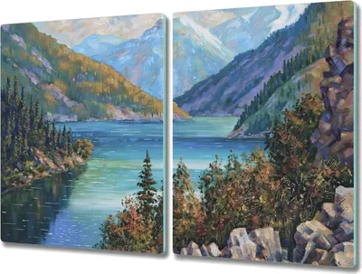 Produktbild von Coloray Herdabdeckplatte 2x40x52 cm Schneidebrett Kochplattenabdeckung Küchenbrett Hackbrett - Malerei See Berge