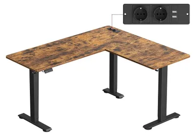 Obrázok produktu pre L-tvarový písací stôl s nabíjacou stanicou – rohový písací stôl – 140 x 160 x (72–120) cm – vintage hnedá/čierna